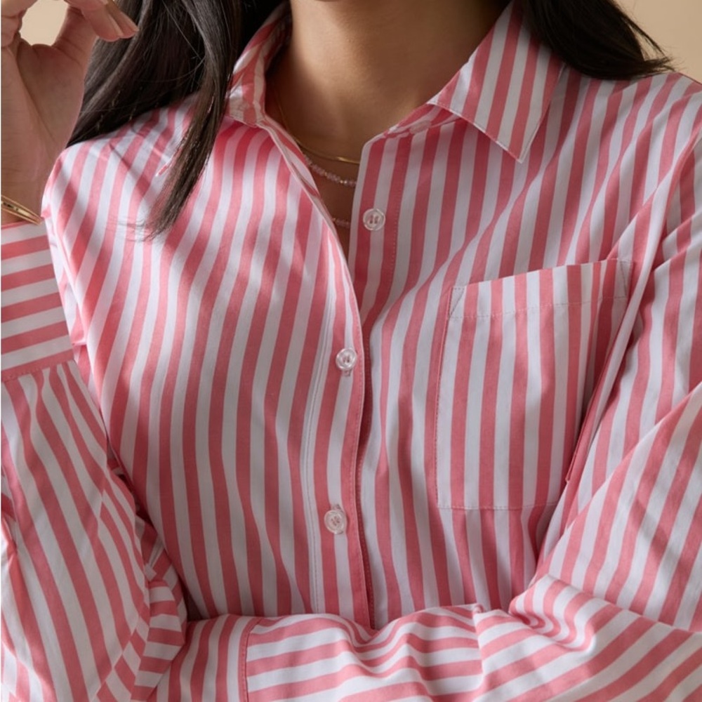 Francesca’s Pink and White Striped Button-Up Shirt